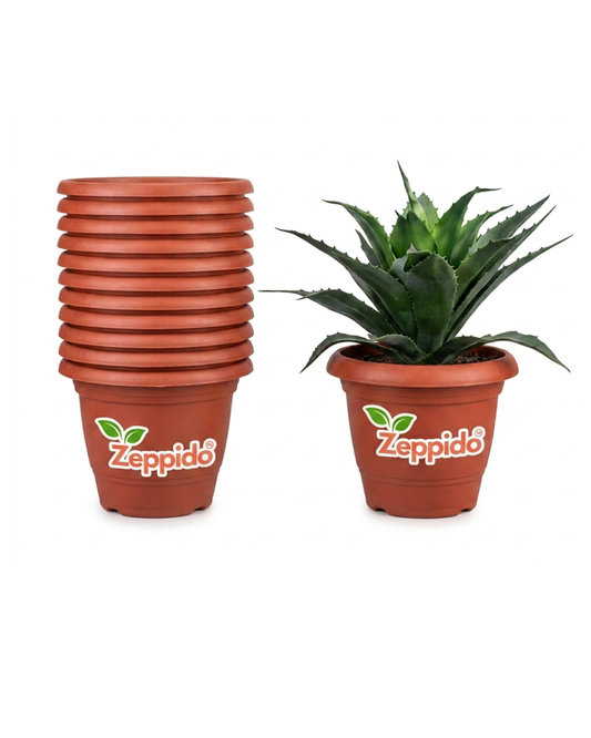 Round Pots for Plants with Bottom Tray|Lightweight|Indoor and Outdoor Flower Pot for Home/Office/Table/Garden/Balcony Decoration|8 inch (Set of 12), Brown